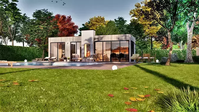 modern pool house with fireplace 3d model Low-poly 3D model