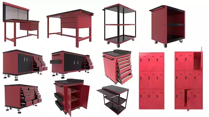 Workshop set tool cabinet with drawers on wheels 3D Model Collection