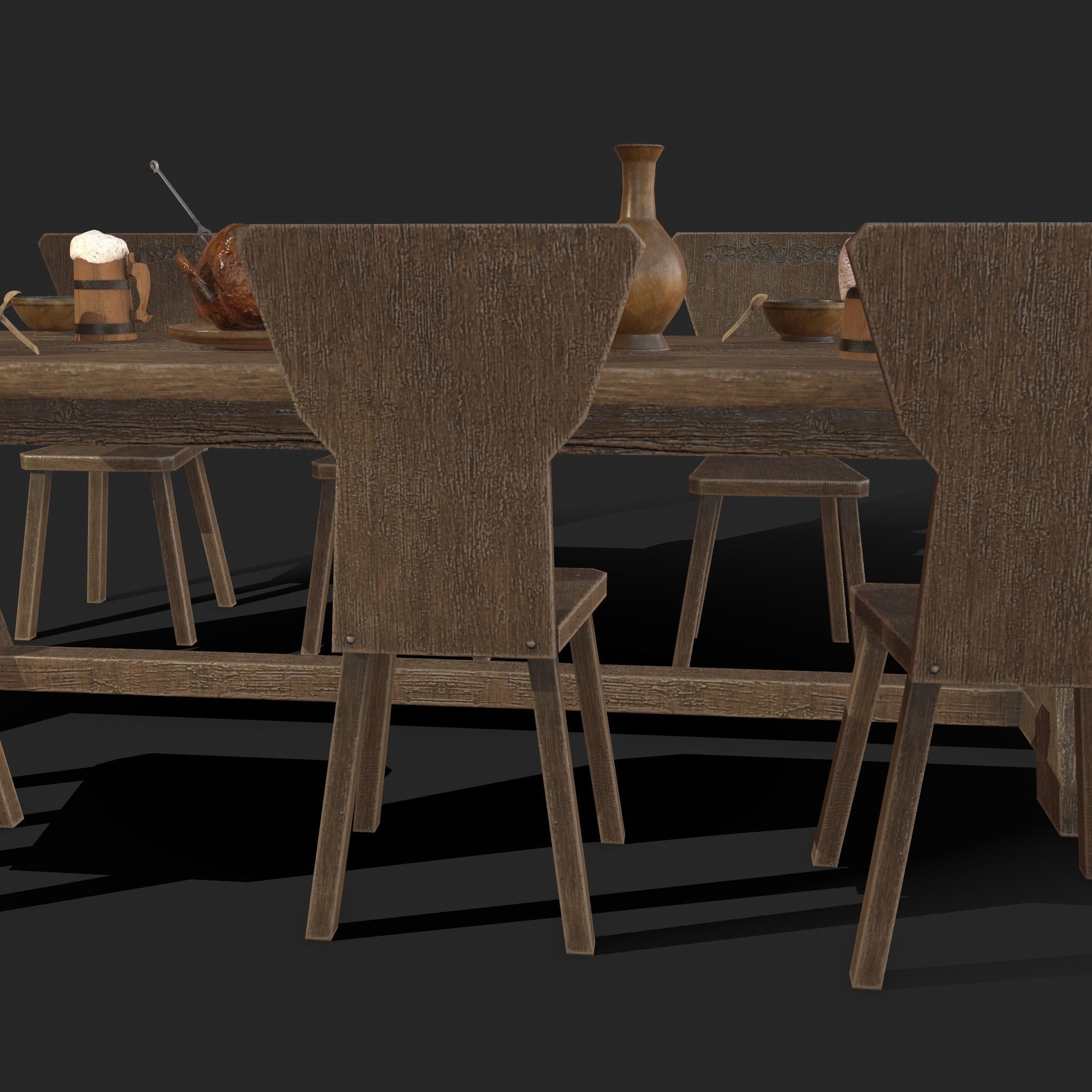 Wooden table with chairs - old furniture set Low-poly 3D model_16
