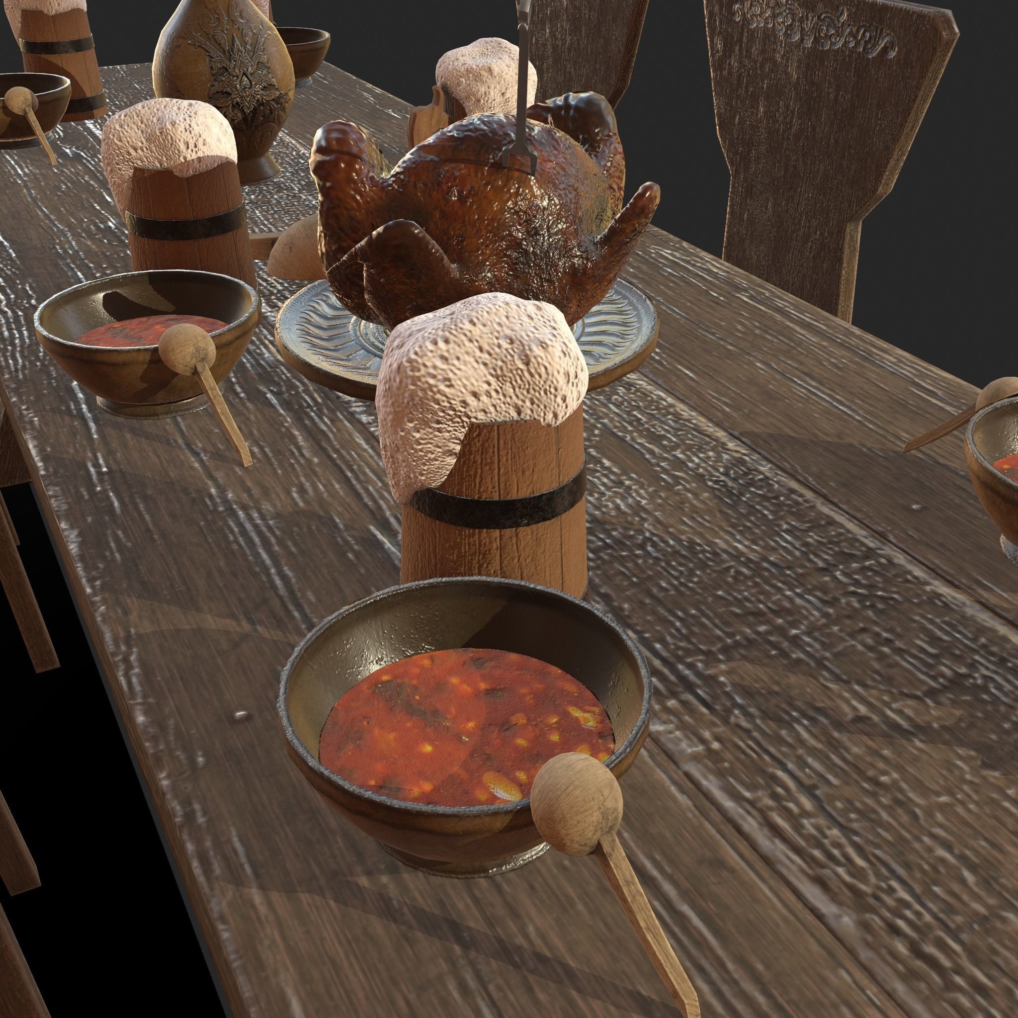 Wooden table with chairs - old furniture set Low-poly 3D model_11