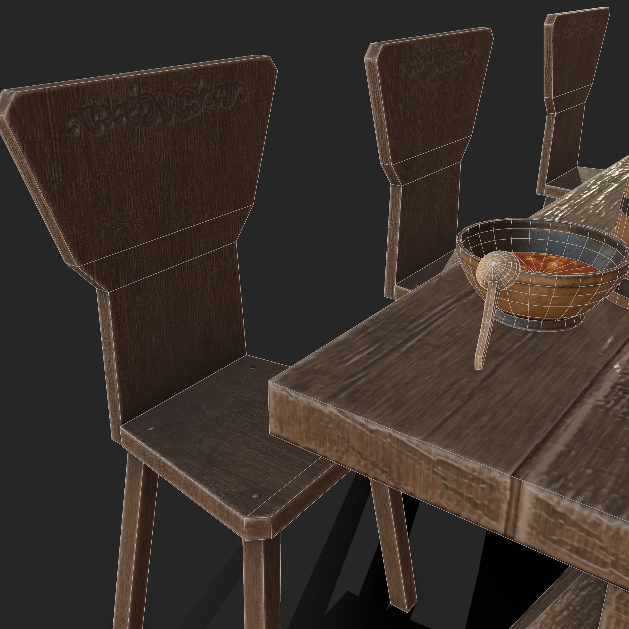 Wooden table with chairs - old furniture set Low-poly 3D model_15