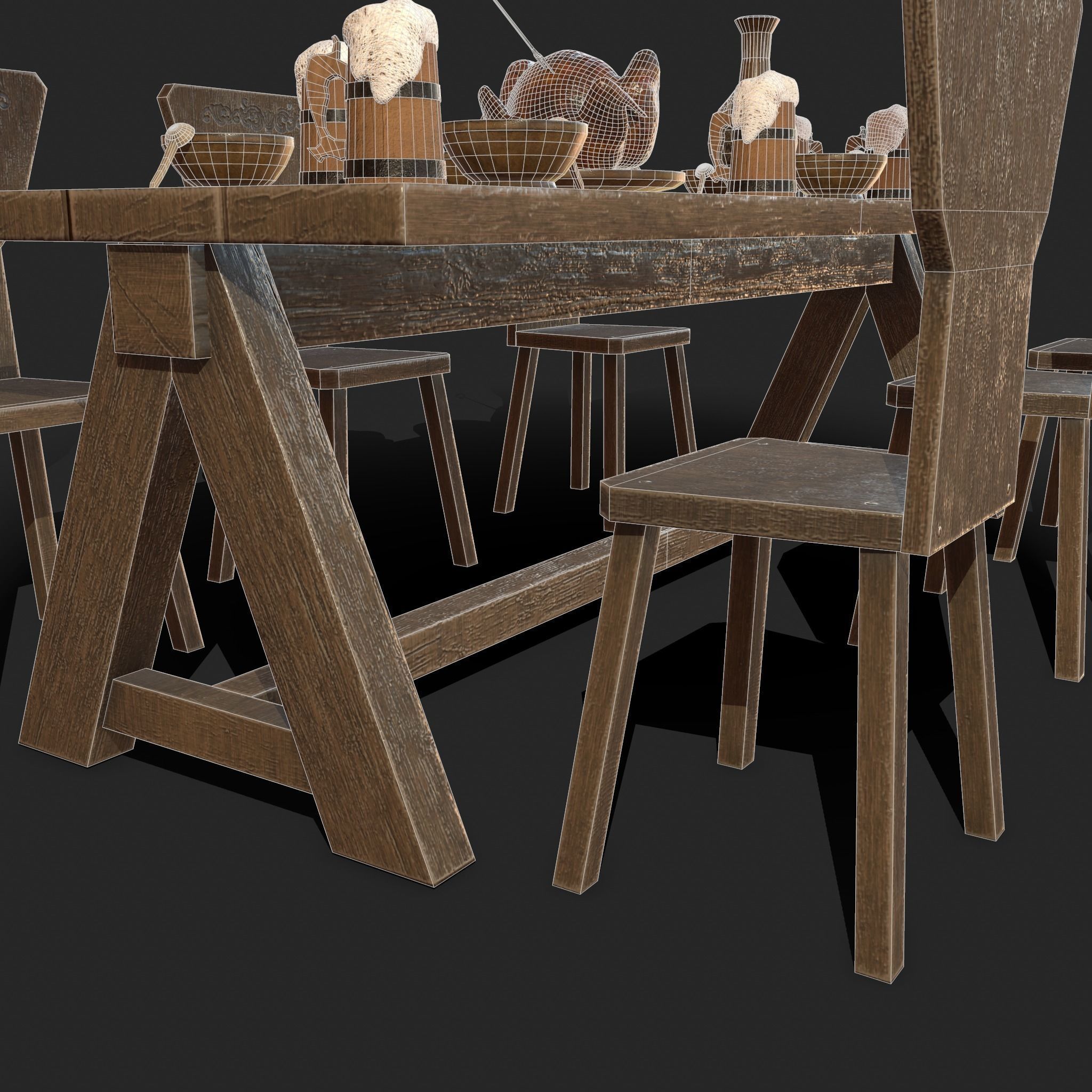 Wooden table with chairs - old furniture set Low-poly 3D model_18