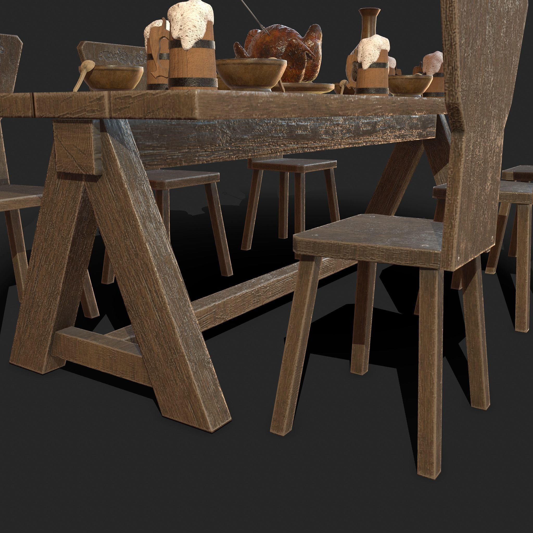 Wooden table with chairs - old furniture set Low-poly 3D model_17