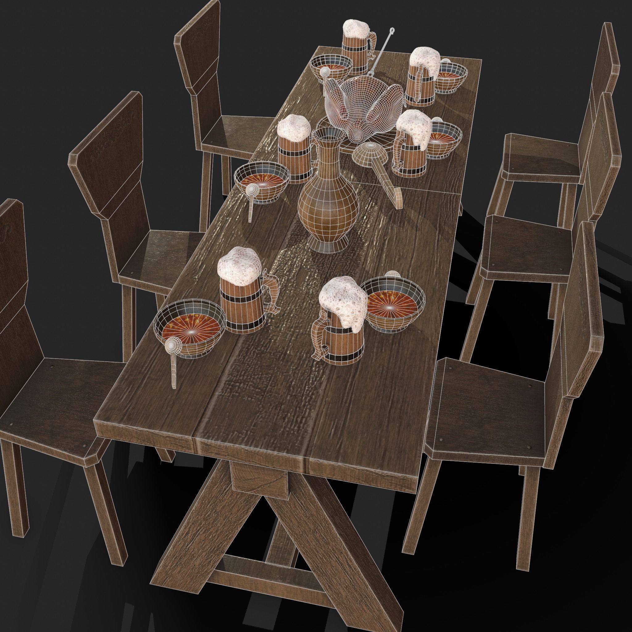Wooden table with chairs - old furniture set Low-poly 3D model_6