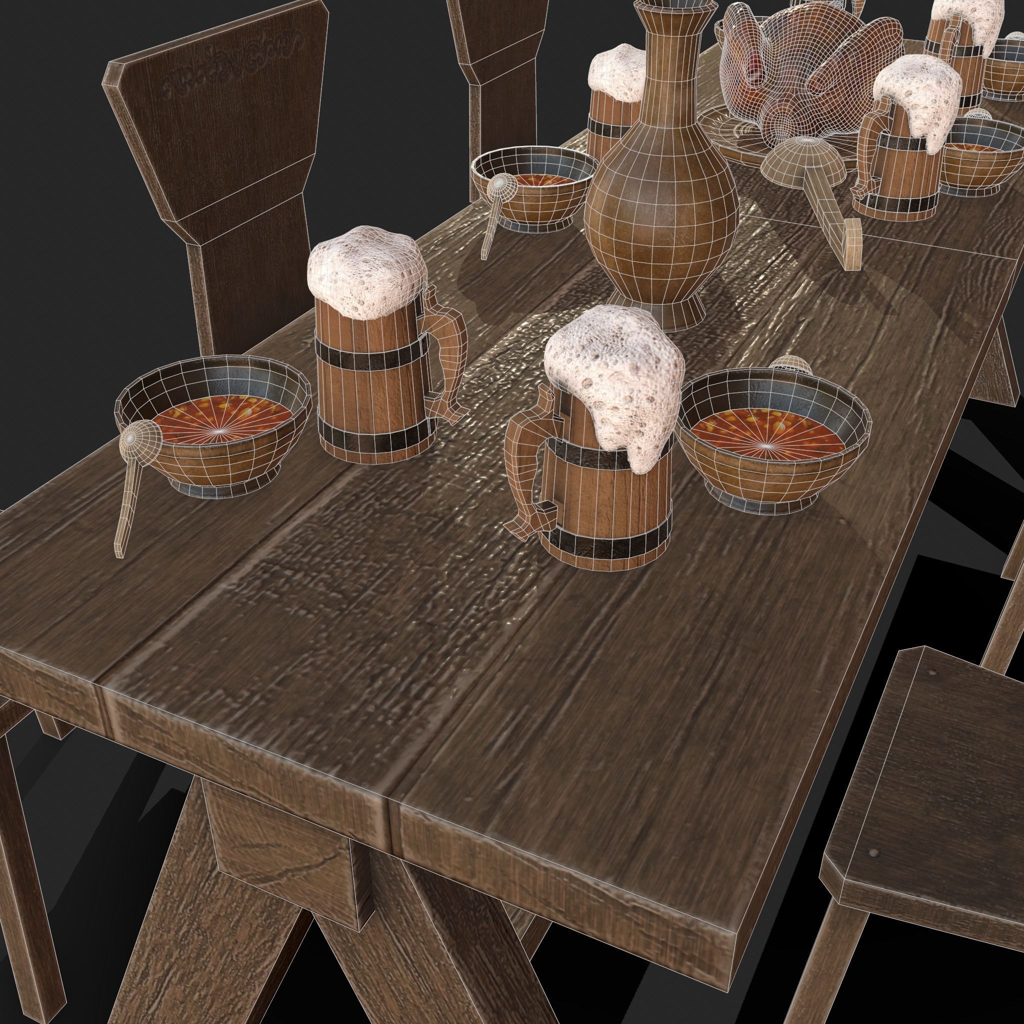 Wooden table with chairs - old furniture set Low-poly 3D model_8