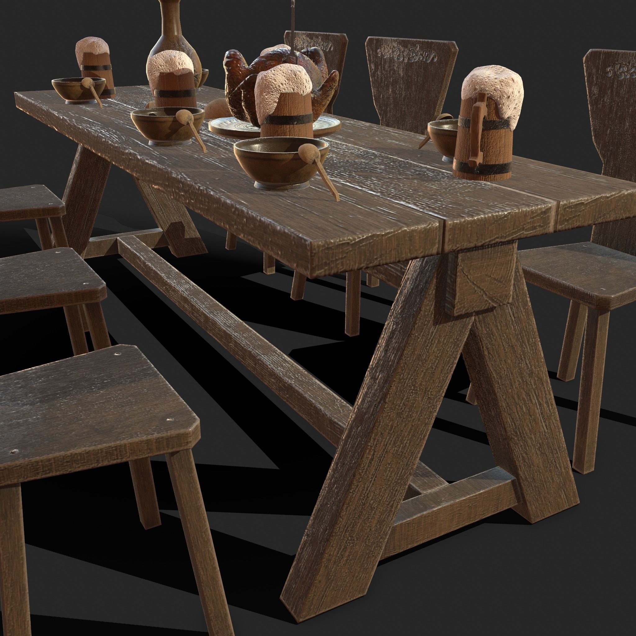 Wooden table with chairs - old furniture set Low-poly 3D model_19