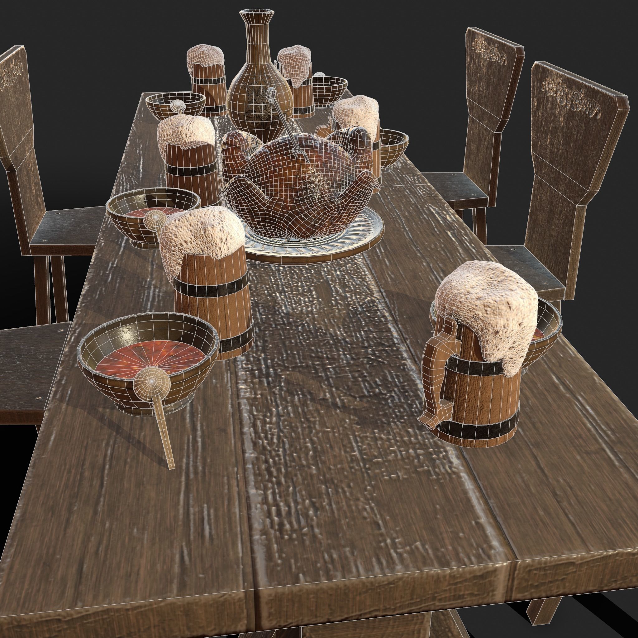 Wooden table with chairs - old furniture set Low-poly 3D model_10