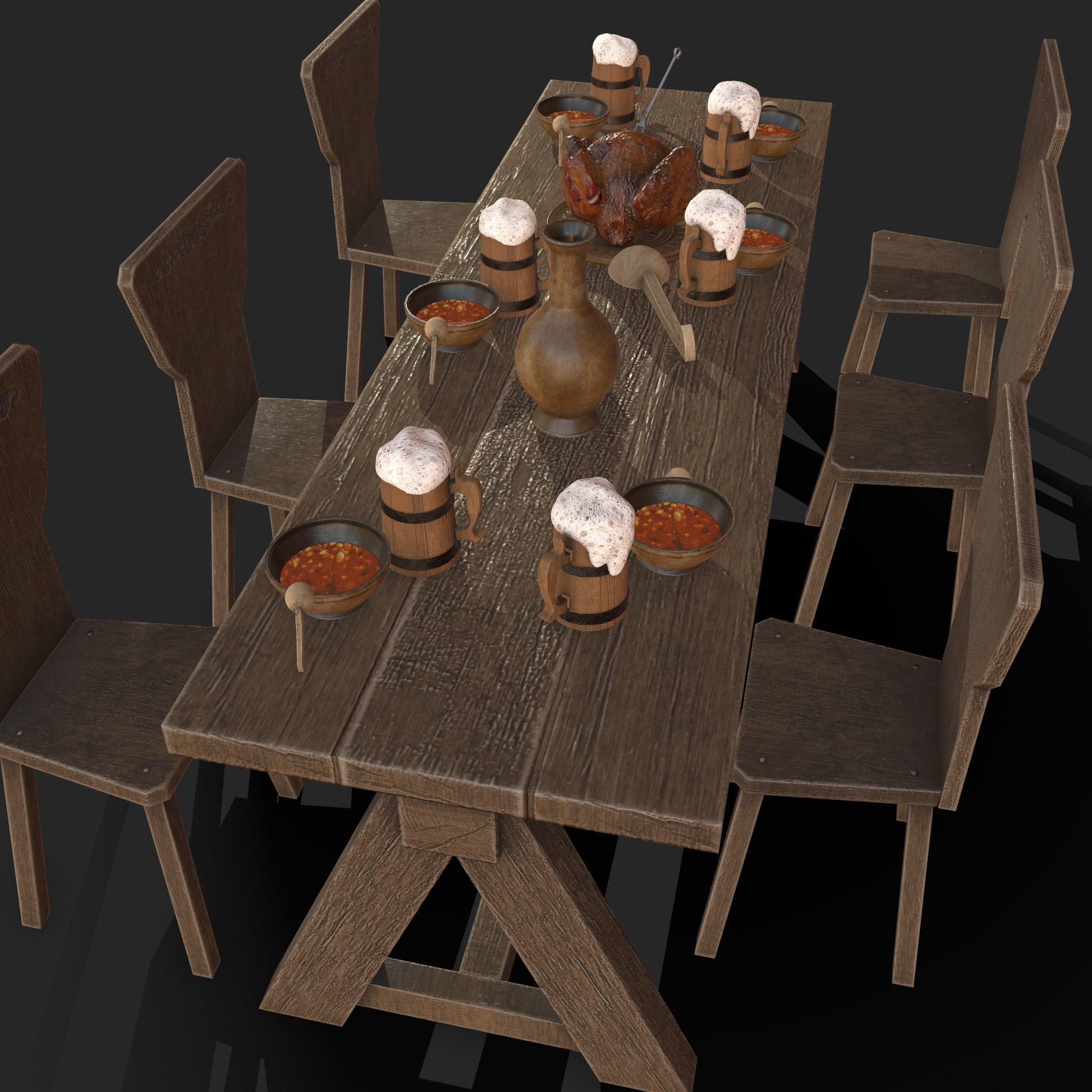 Wooden table with chairs - old furniture set Low-poly 3D model_5