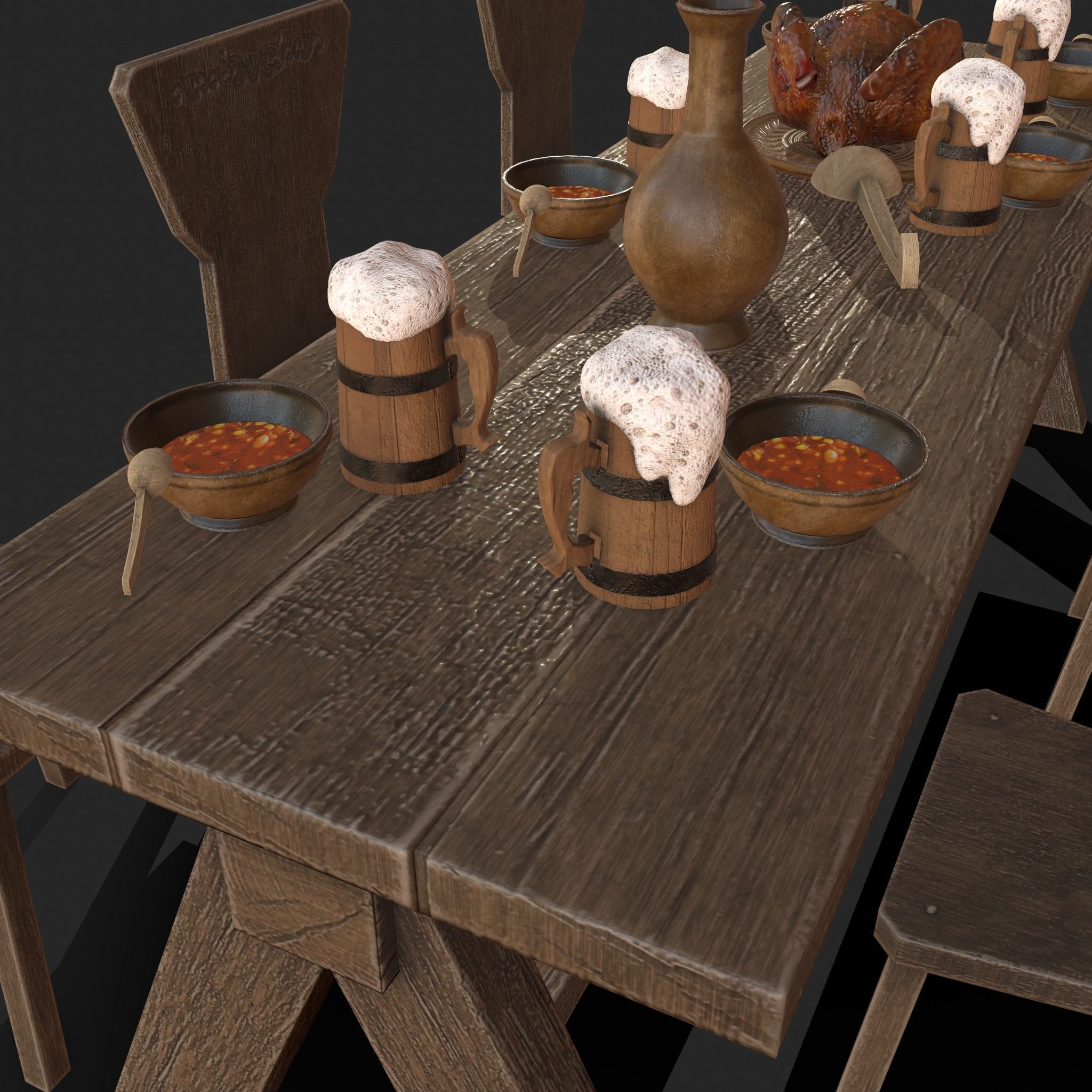 Wooden table with chairs - old furniture set Low-poly 3D model_7