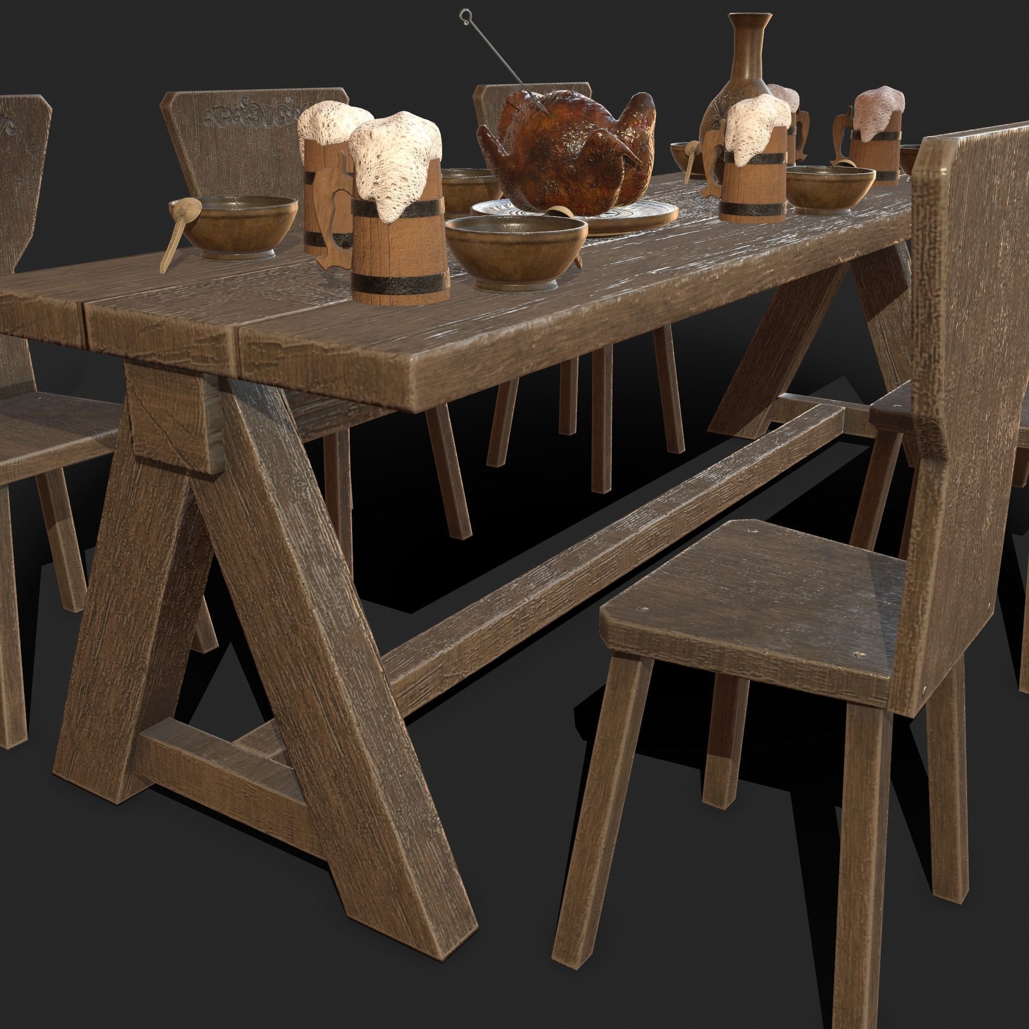 Wooden table with chairs - old furniture set Low-poly 3D model_20