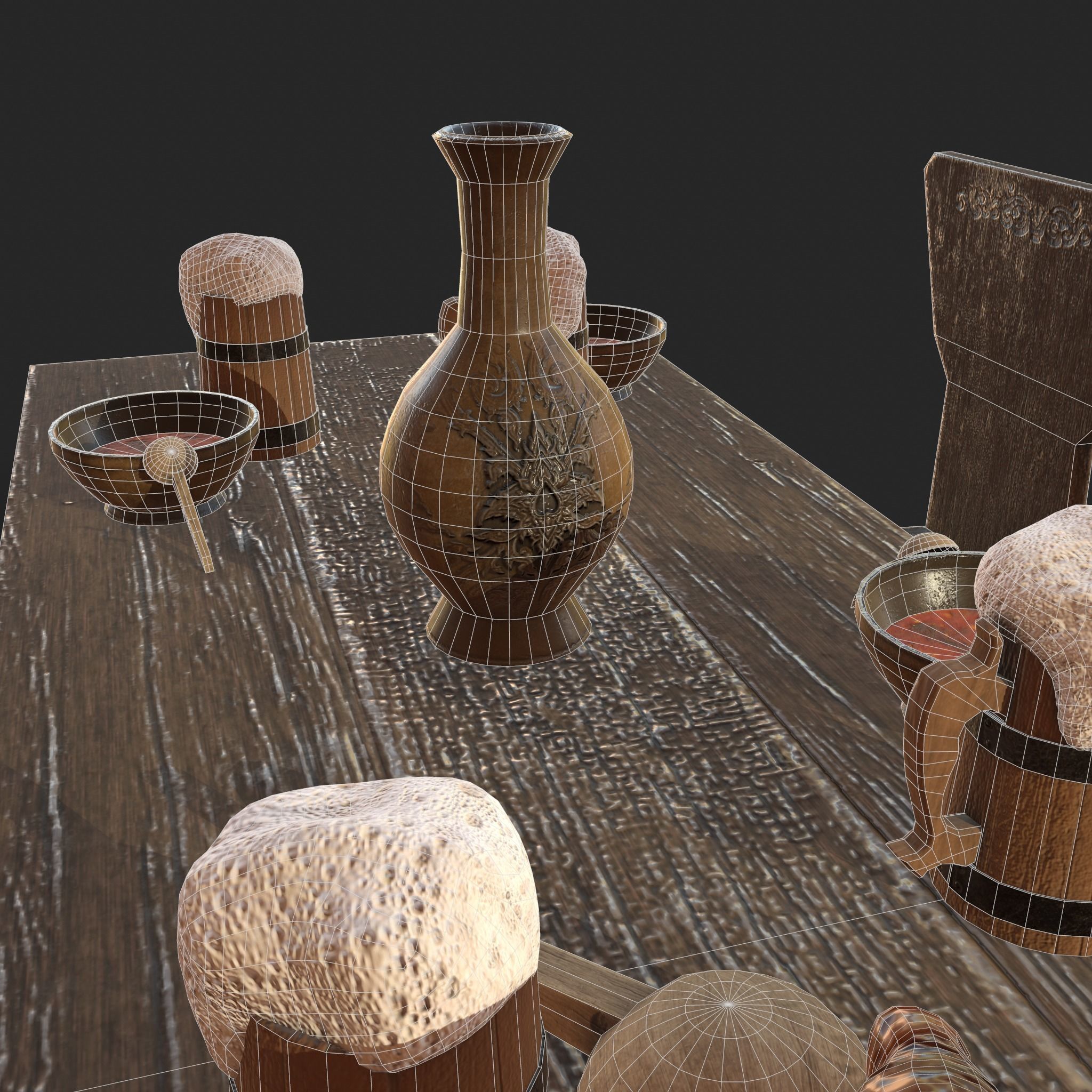 Wooden table with chairs - old furniture set Low-poly 3D model_13