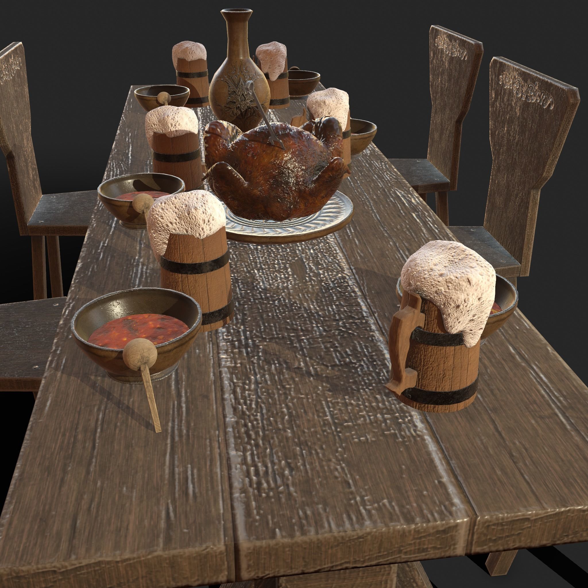 Wooden table with chairs - old furniture set Low-poly 3D model_9