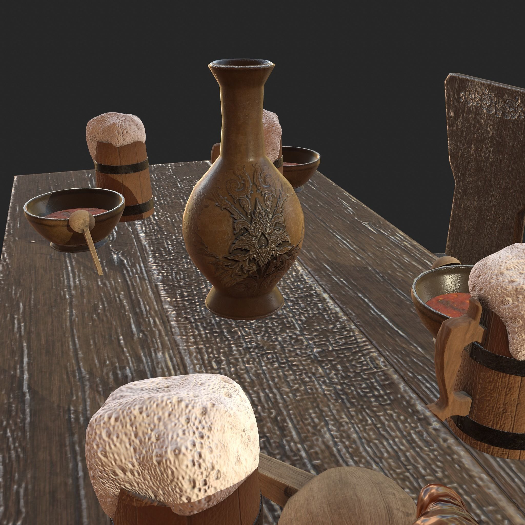 Wooden table with chairs - old furniture set Low-poly 3D model_12