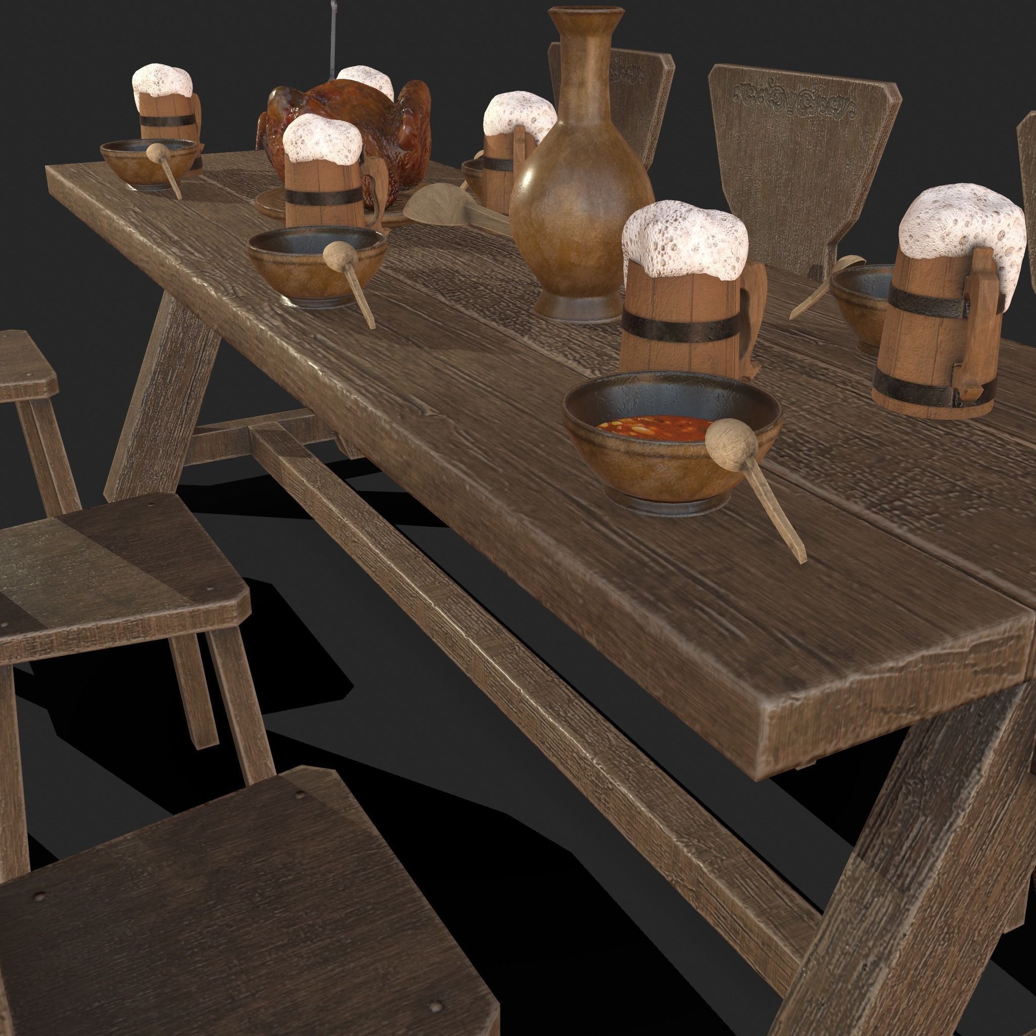 Wooden table with chairs - old furniture set Low-poly 3D model_21