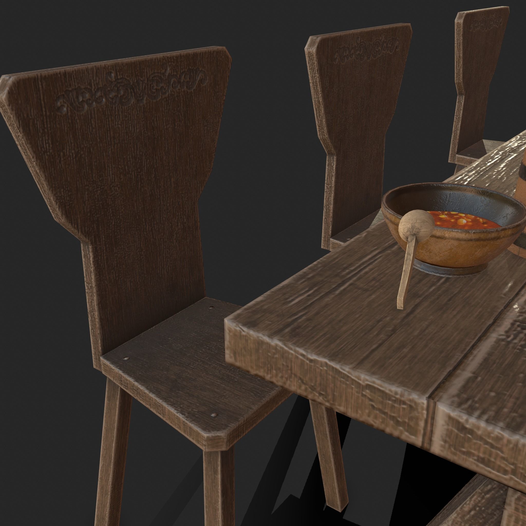 Wooden table with chairs - old furniture set Low-poly 3D model_14