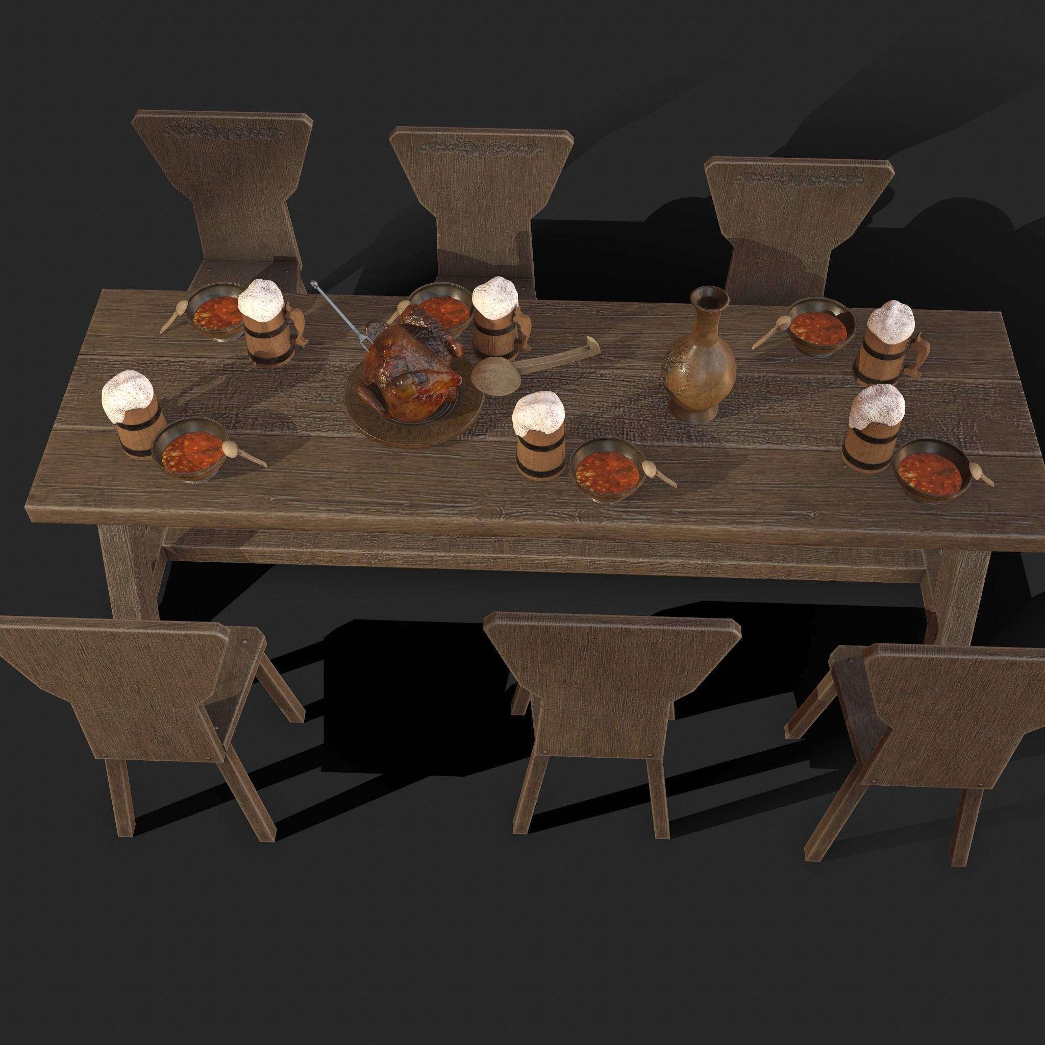 Wooden table with chairs - old furniture set Low-poly 3D model_4