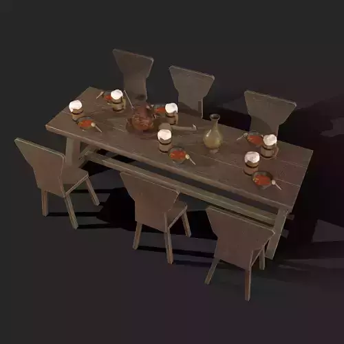 Wooden table with chairs - old furniture set Low-poly 3D model Wooden table with chairs - old furniture set Low-poly 3D model
