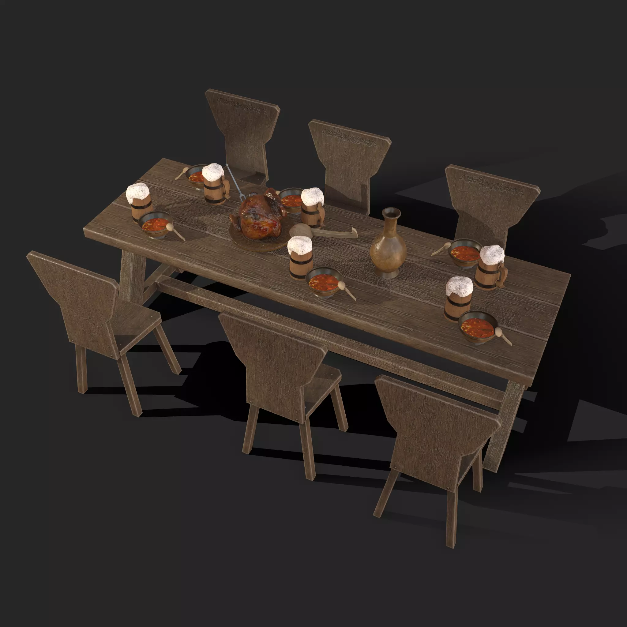 Wooden table with chairs - old furniture set Low-poly 3D model_0