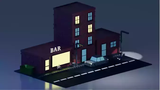 low poly Street bar building at night Low-poly 3D model