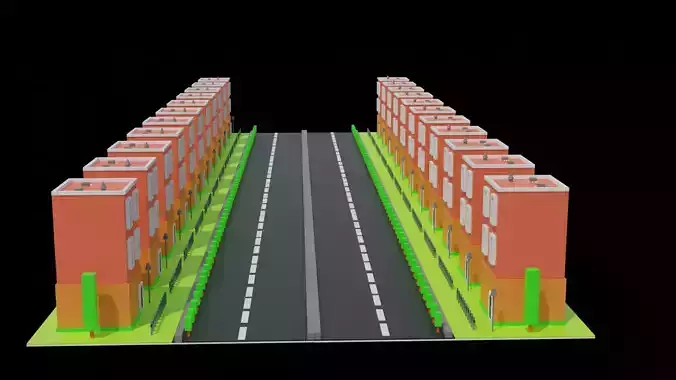 low poly building road with buildings