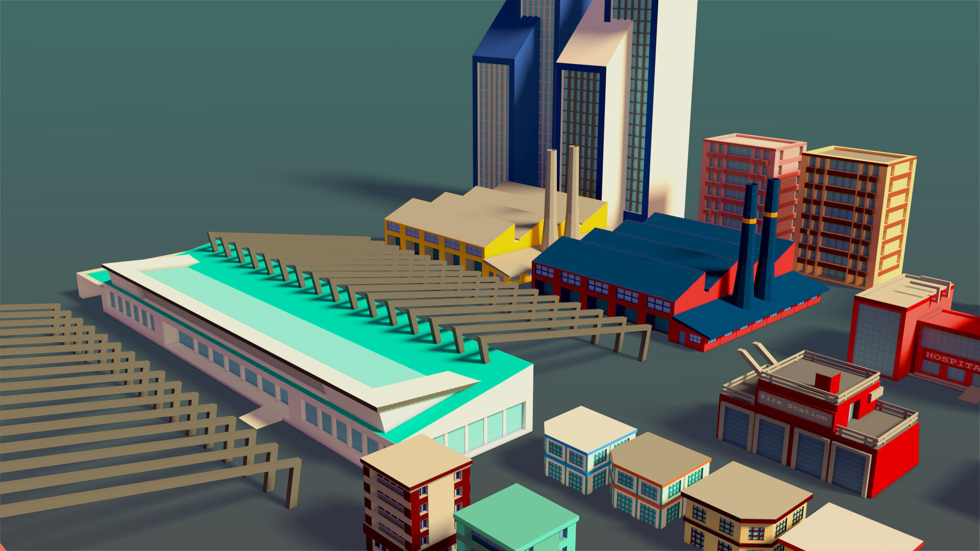 Buildings Set city in low polygons Low-poly 3D model_9