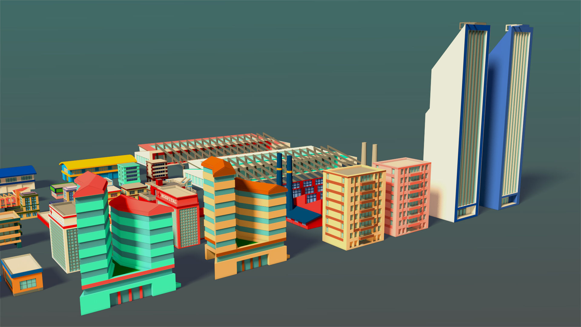 Buildings Set city in low polygons Low-poly 3D model_10