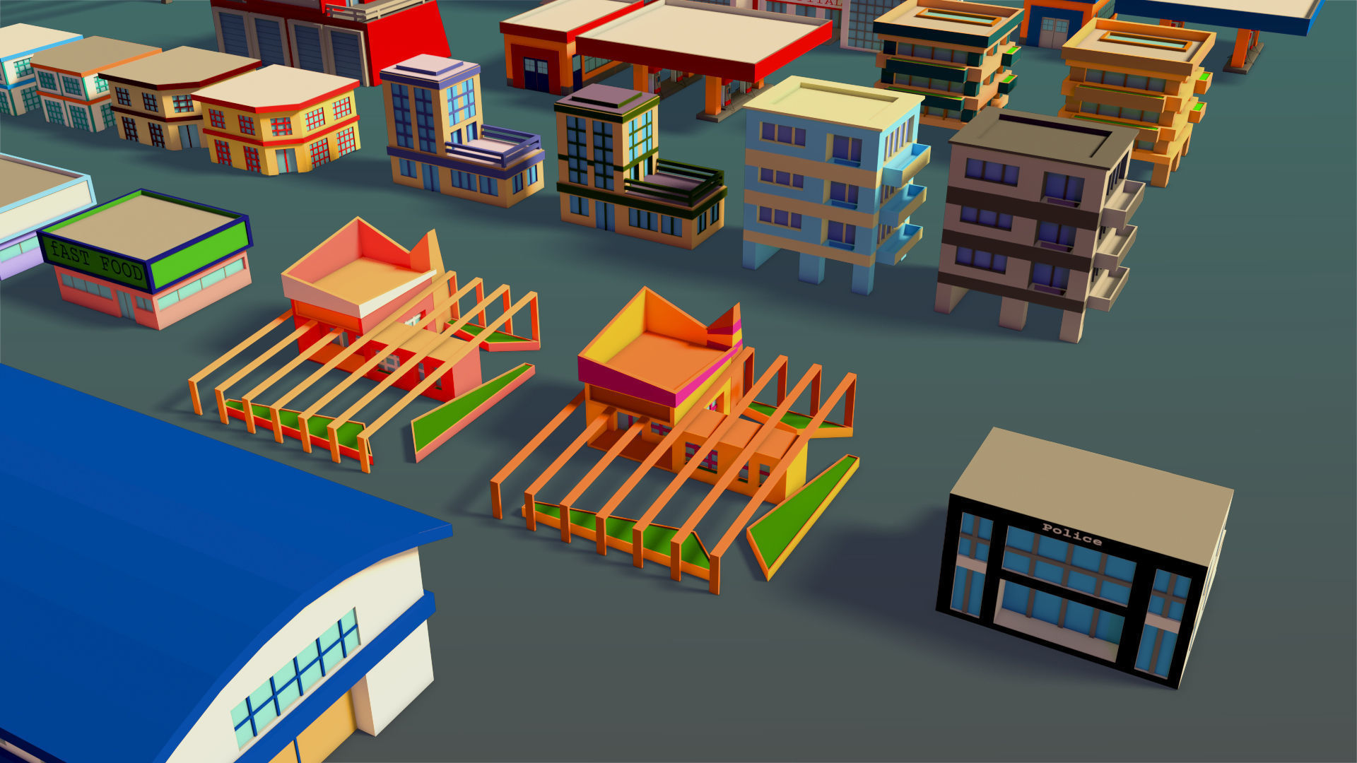 Buildings Set city in low polygons Low-poly 3D model_6
