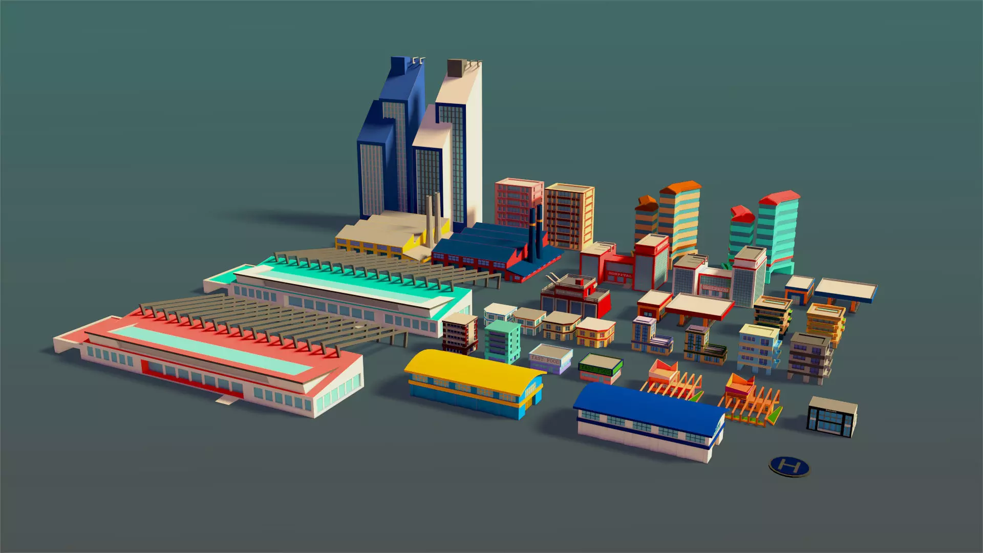 Buildings Set city in low polygons Low-poly 3D model_0