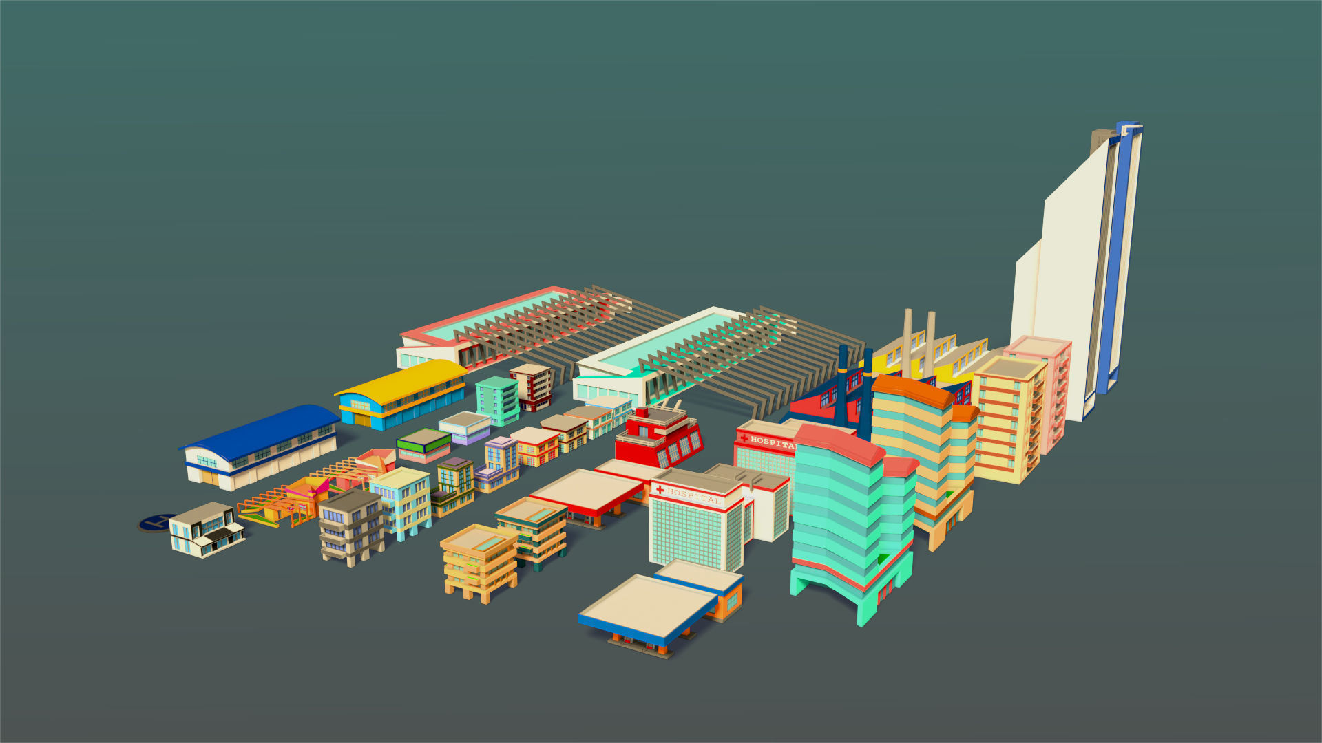 Buildings Set city in low polygons Low-poly 3D model_3