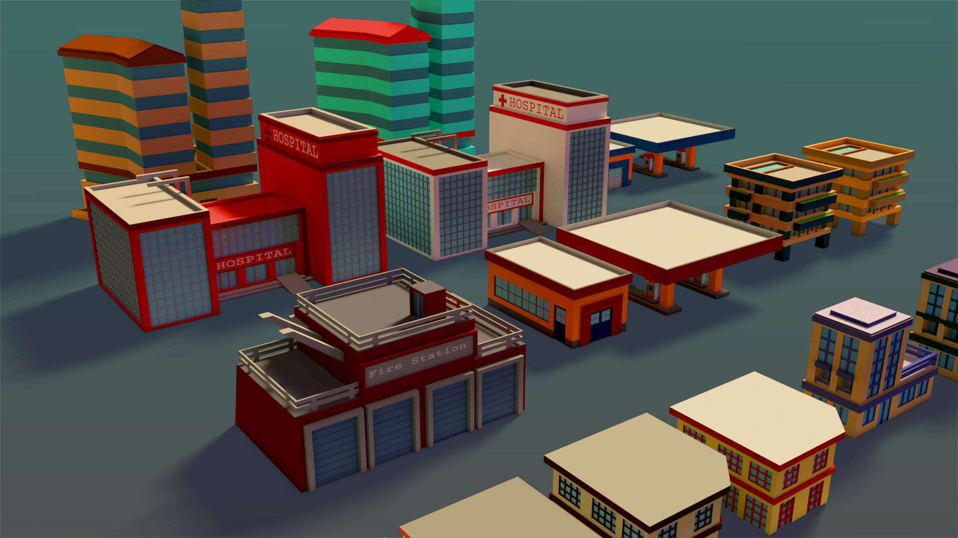 Buildings Set city in low polygons Low-poly 3D model_7