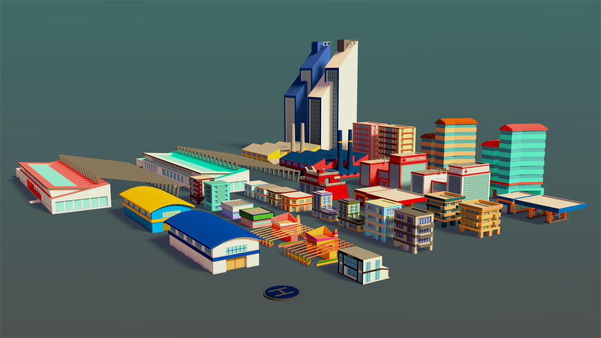 Buildings Set city in low polygons Low-poly 3D model_2