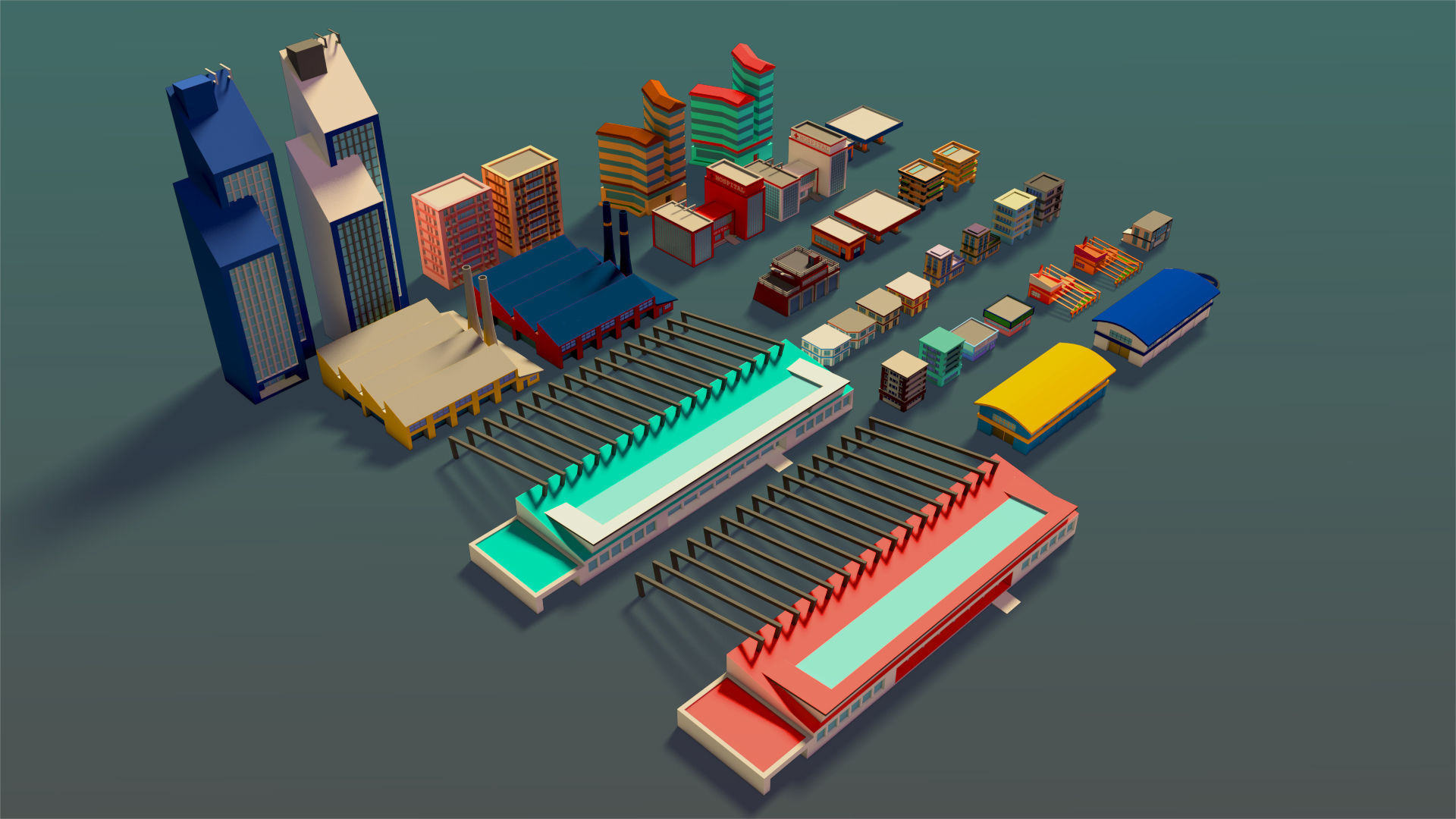 Buildings Set city in low polygons Low-poly 3D model_1