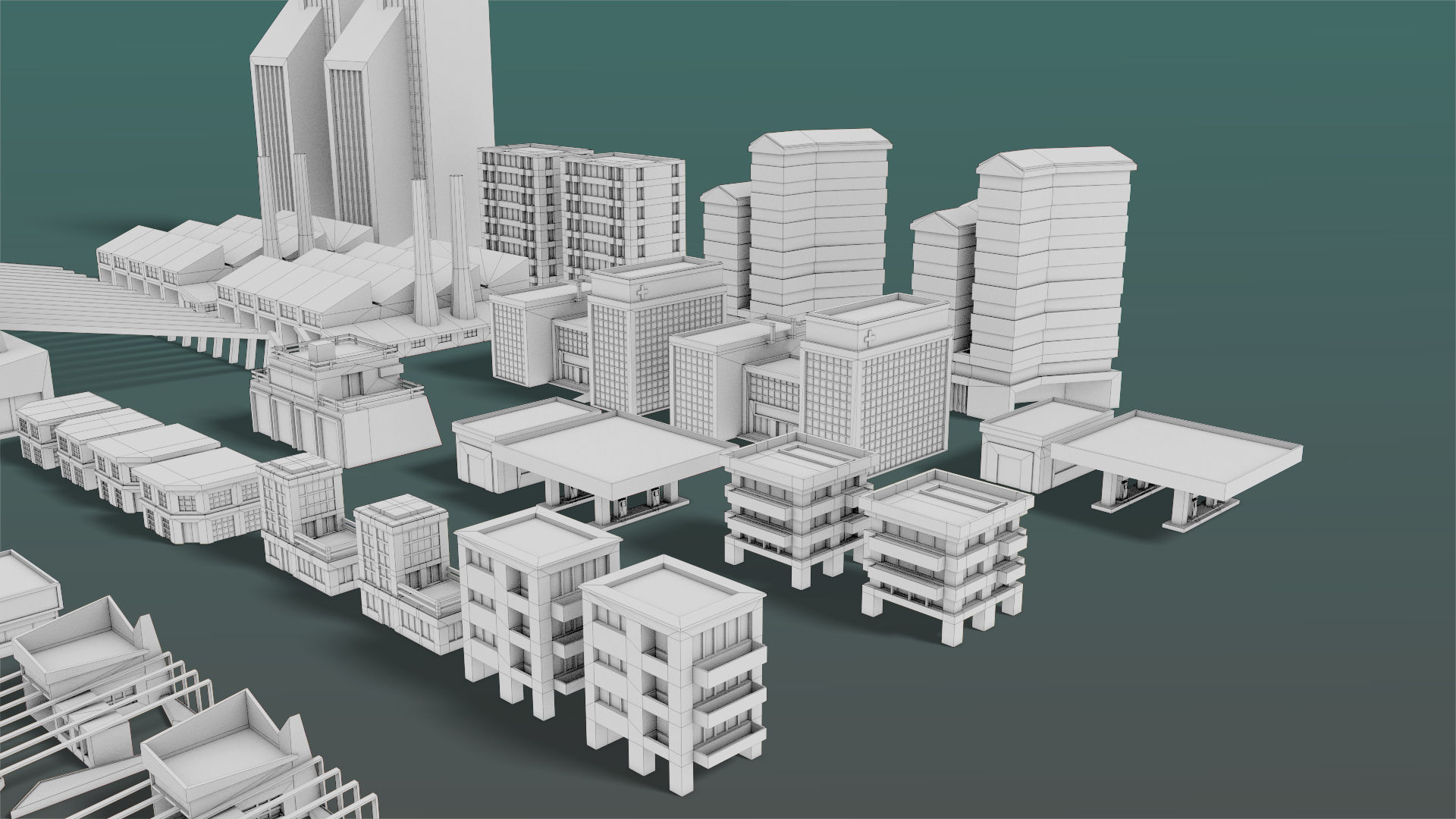 Buildings Set city in low polygons Low-poly 3D model_19