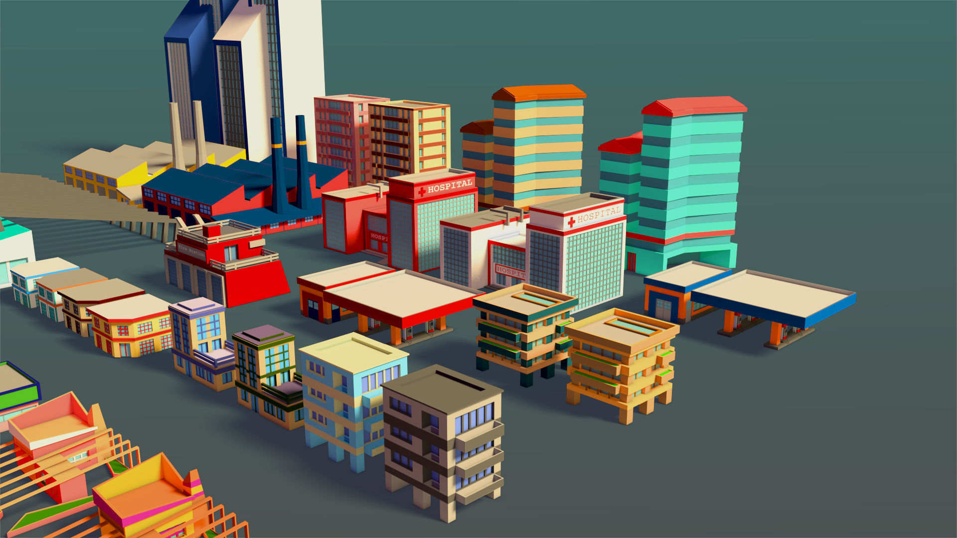 Buildings Set city in low polygons Low-poly 3D model_8