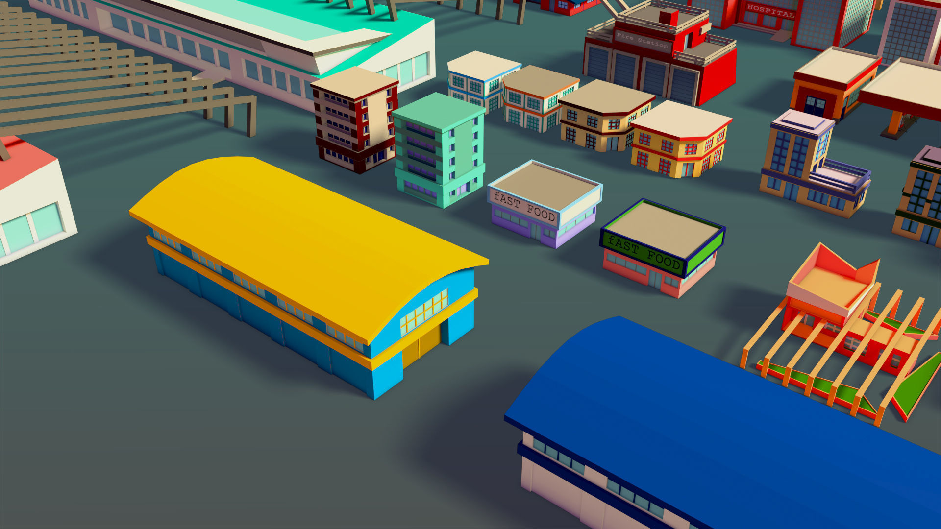 Buildings Set city in low polygons Low-poly 3D model_5