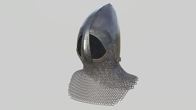 Medieval Bascinet03 with chainmail Low-poly 3D model