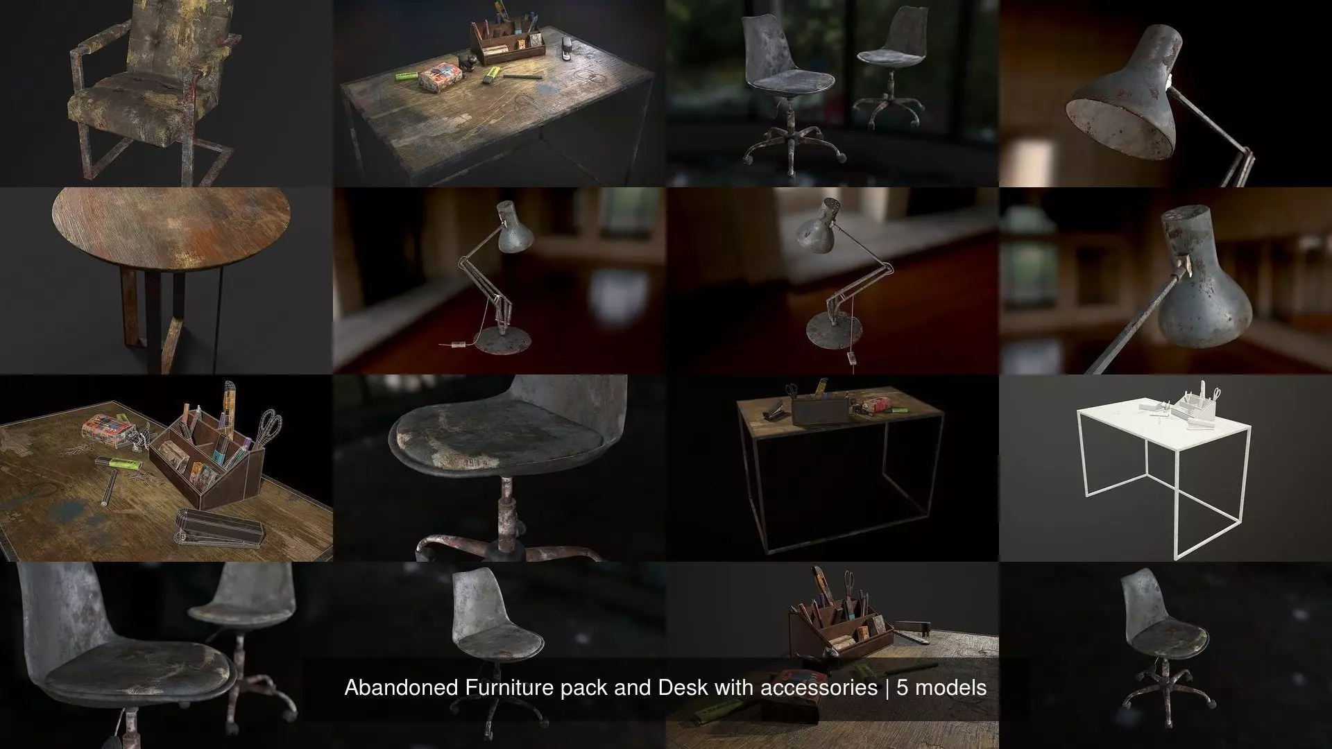 Abandoned Furniture pack and Desk with accessories 3D Model Collection_4