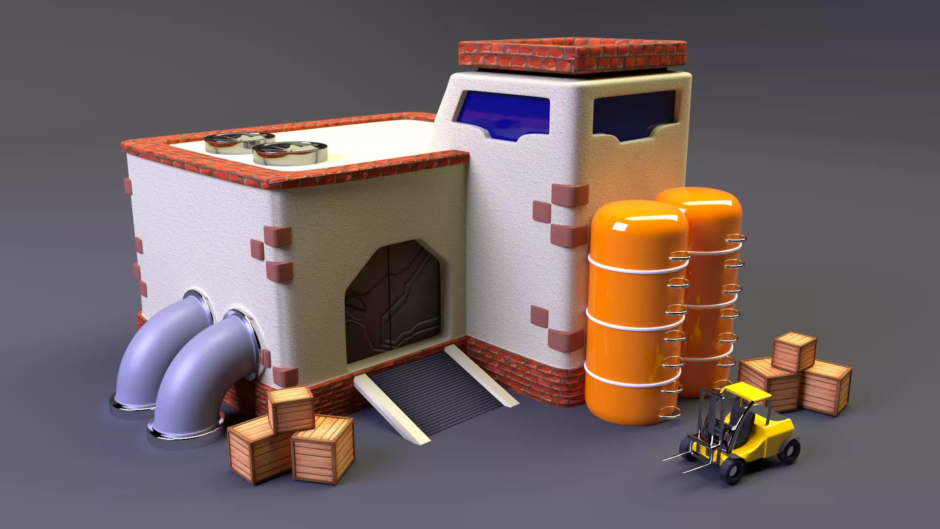 Factory house with pipes 3D model_0