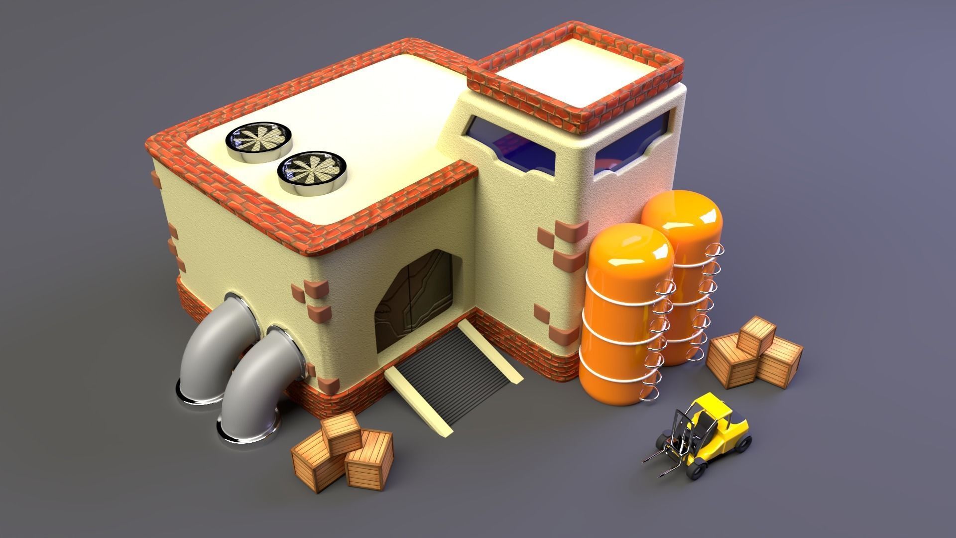 Factory house with pipes 3D model_4
