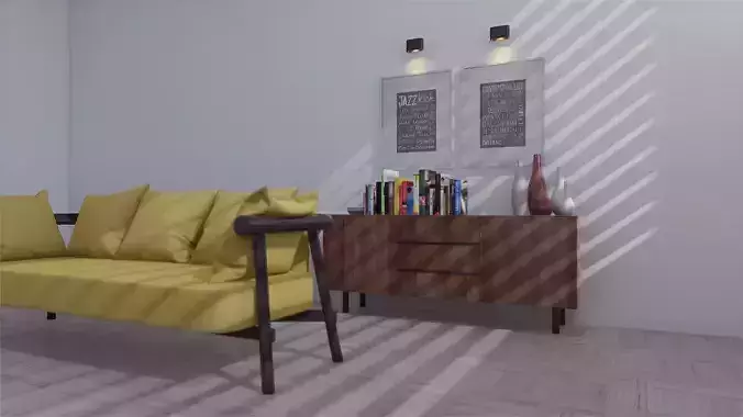 living room with yellow sofa
