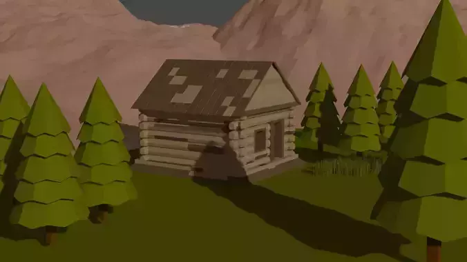 A Conifer And A Low-Poly House