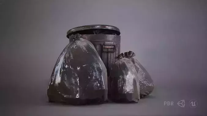 Trash Can with Garbage Bags PBR Game Ready