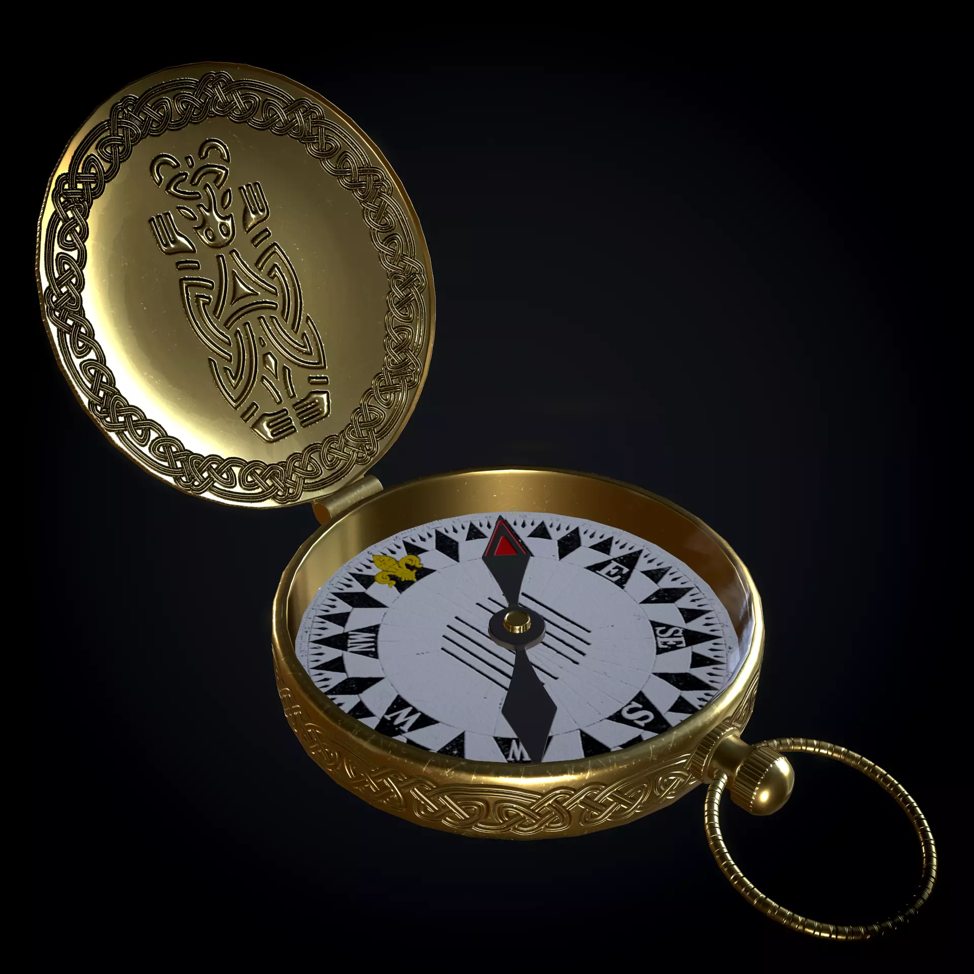 Brass Compass with Carvings Low-poly 3D model_0