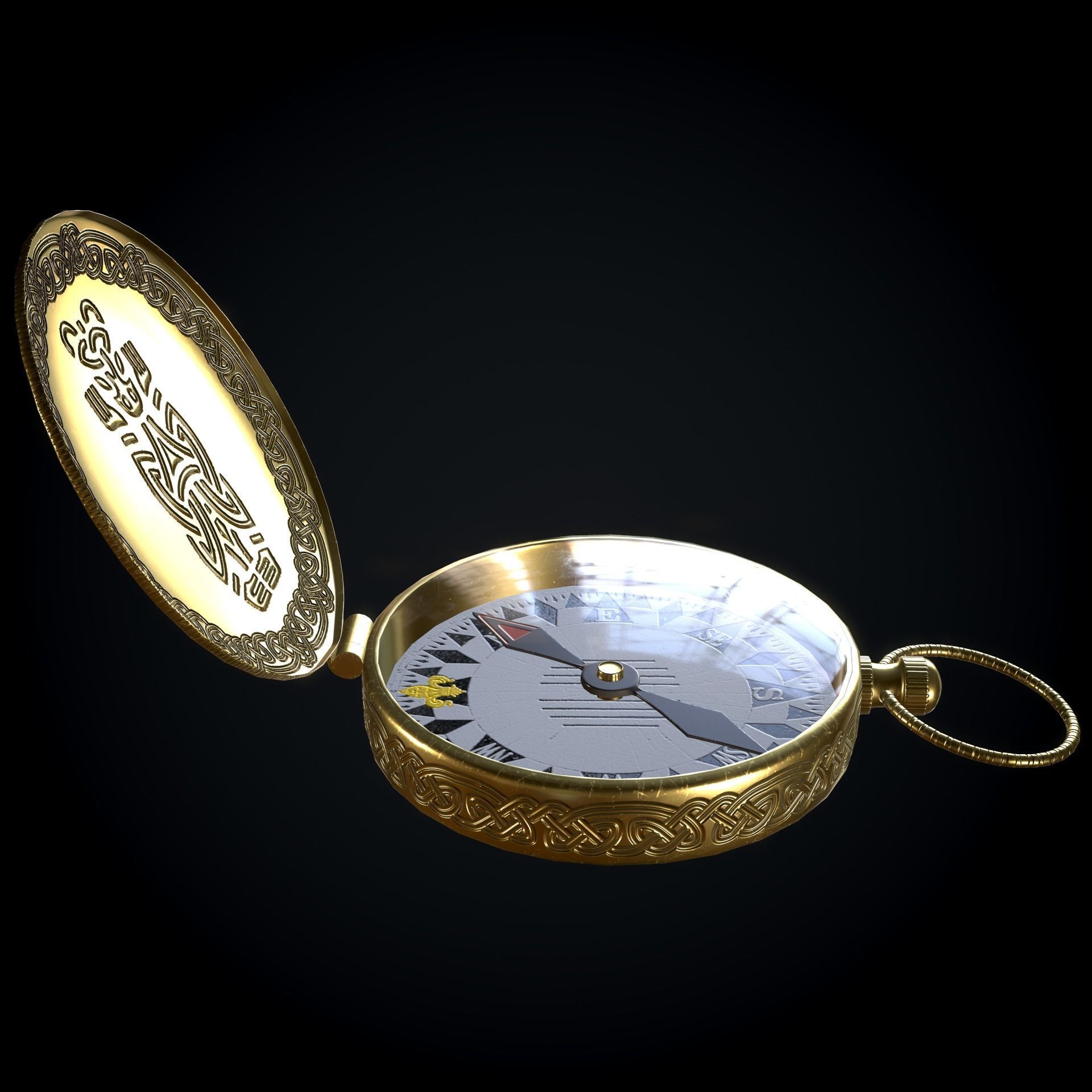Brass Compass with Carvings Low-poly 3D model_7