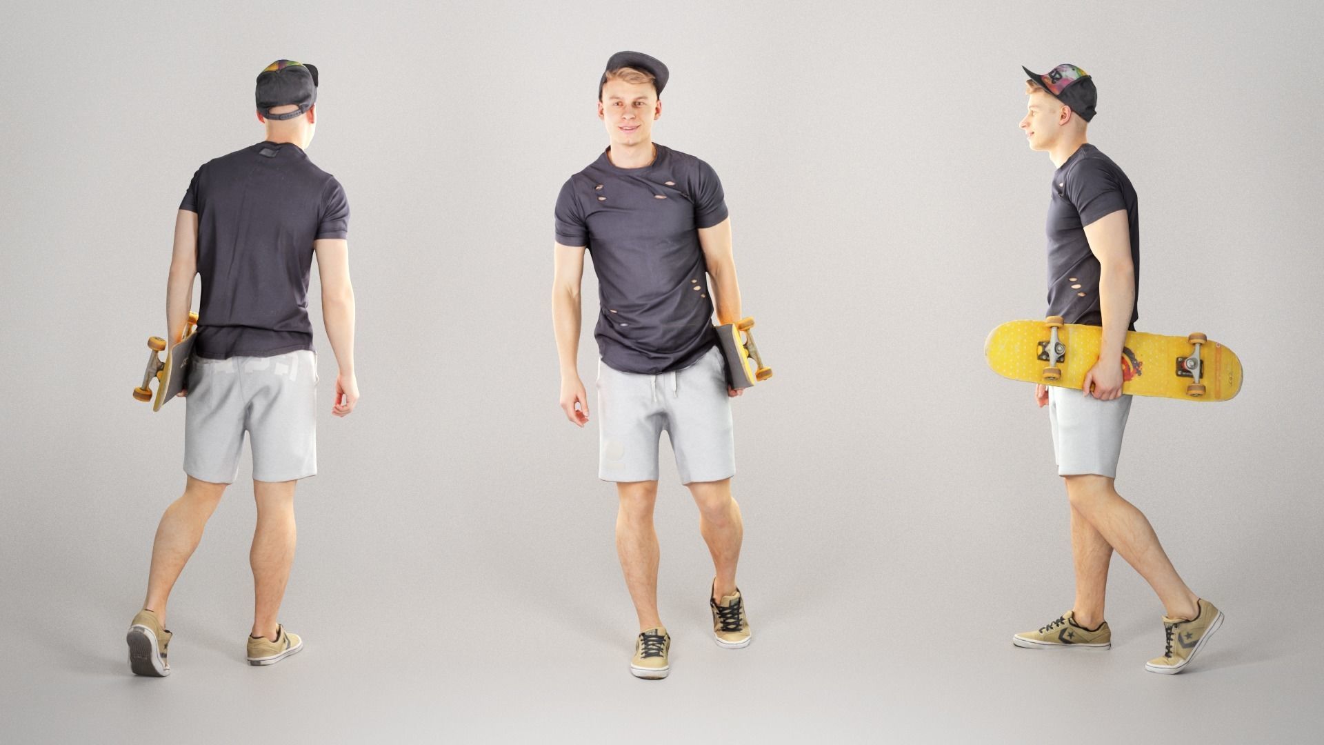 Stylish young man with a skateboard walking 162 Low-poly 3D model_2