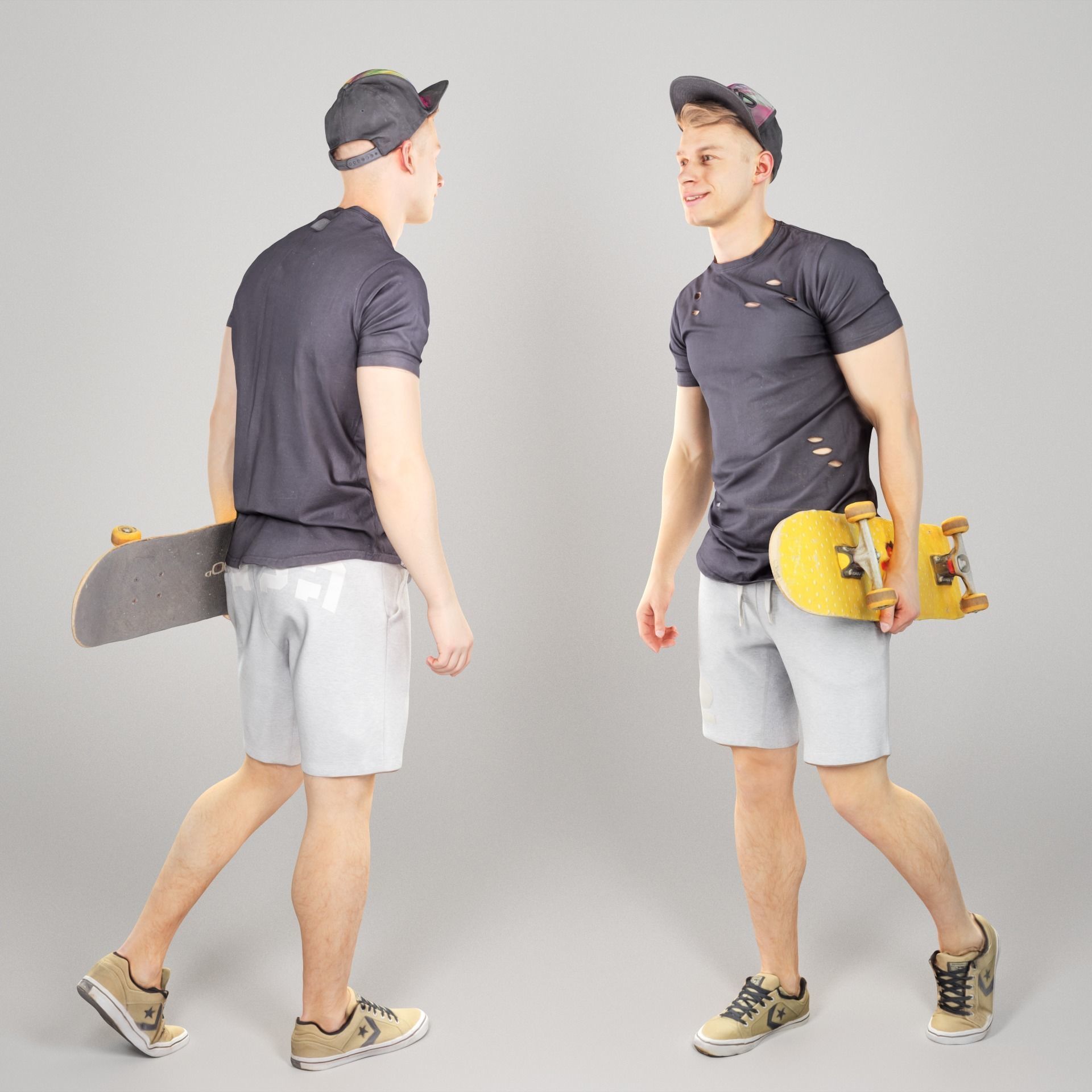 Stylish young man with a skateboard walking 162 Low-poly 3D model_1