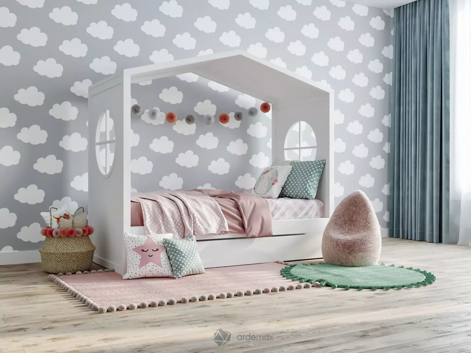 Children bed with decor 3D model_0