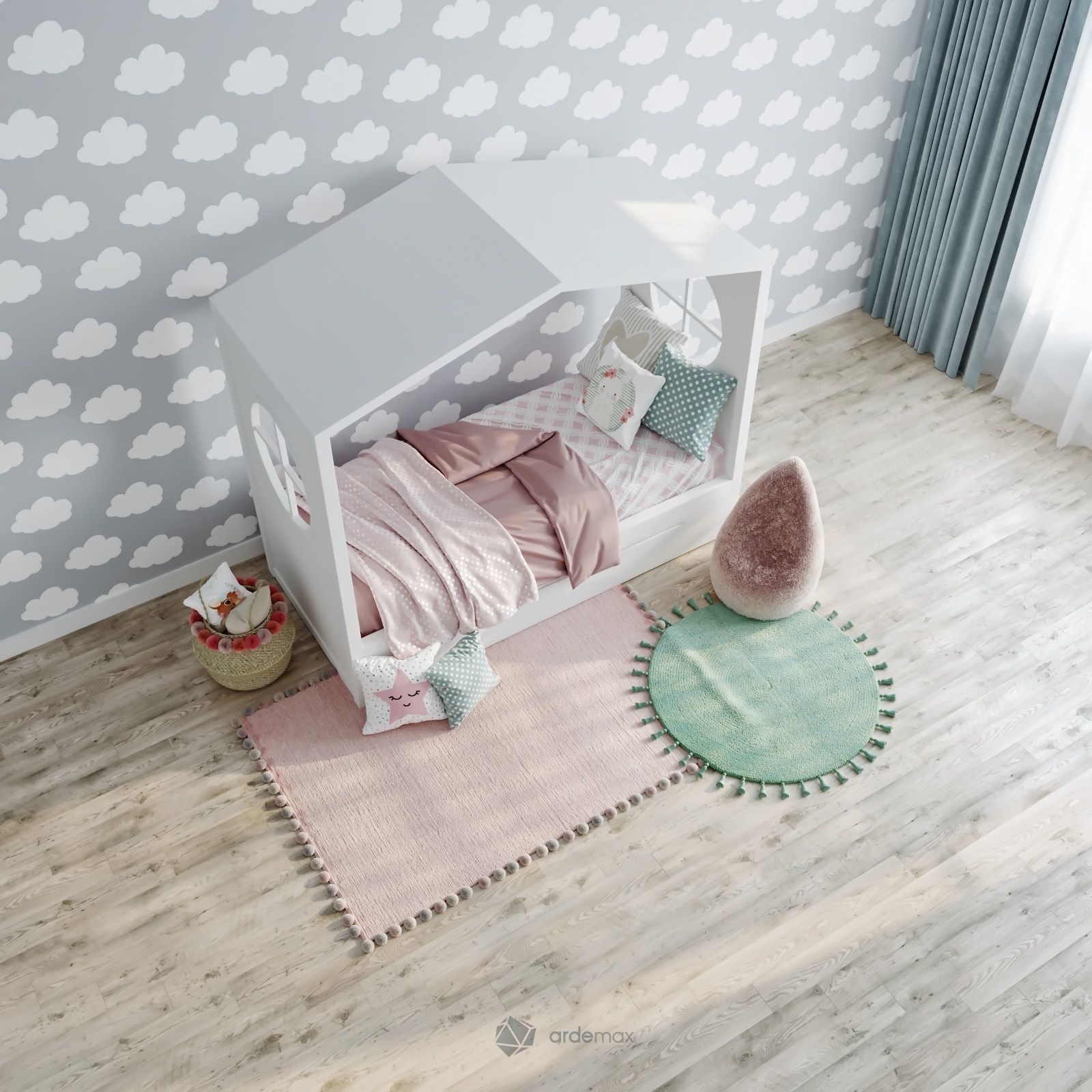 Children bed with decor 3D model_4