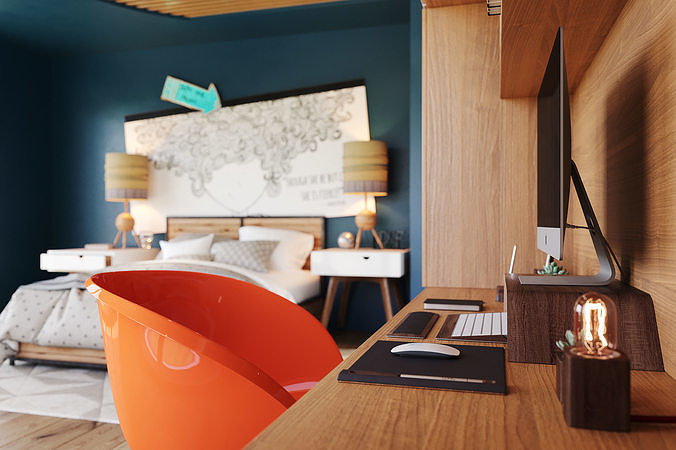 Room Office Scene Interior Complete 3D model 2