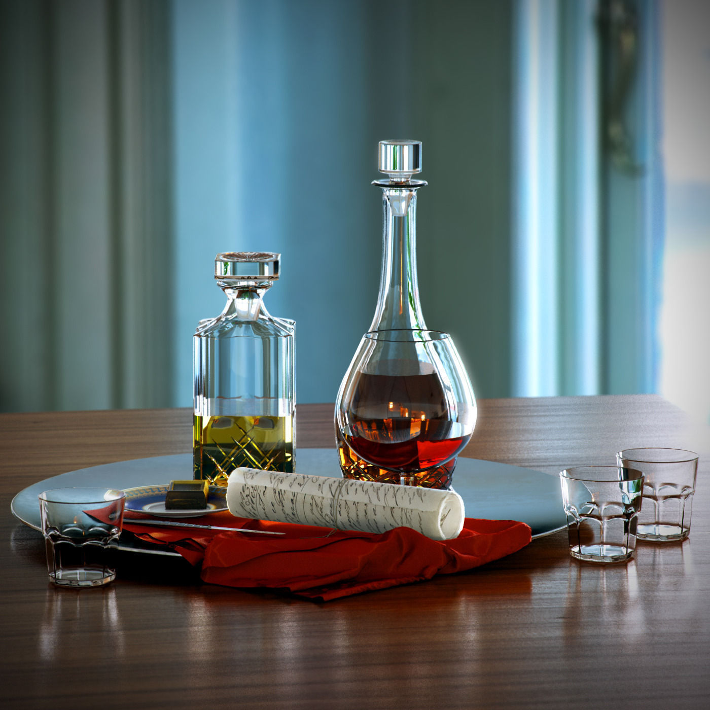 Set whiskey and cognac decanter on dish 3D model_3